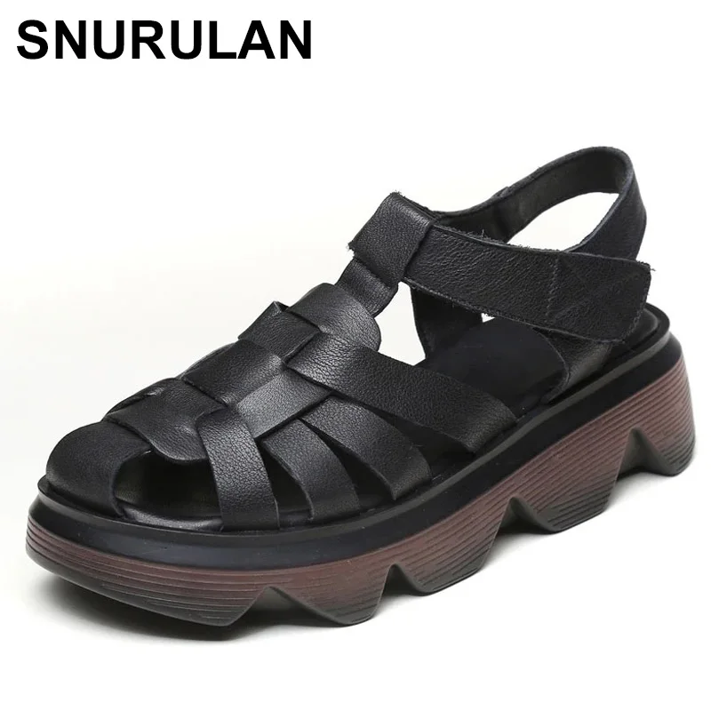 

SNURULAN Fashion Roman Style Handmade Weave Genuine Leather Summer Shoes for Women Wedges Platform Casual Sandals Female Sandal