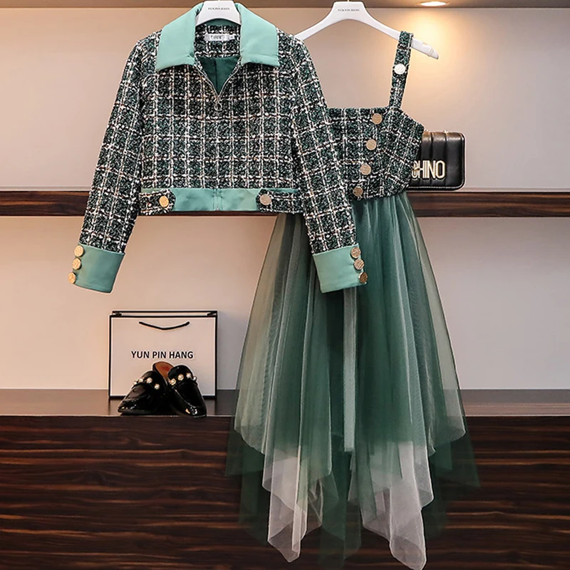 Брендовое подиумное зеленое клетчатое твидовое короткое пальто на молнии