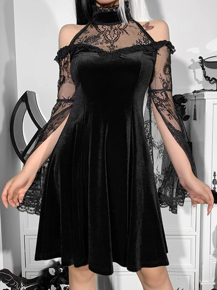 Пикантное платье InsGoth в готическом стиле с открытыми плечами и кружевной