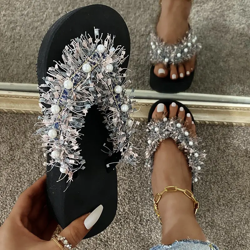 

2021 Summer Women's Slippers Fashion Flip-Flops Soft Bottom All-match High-heeled Vamp Pearl Modification Casual Woman Flip