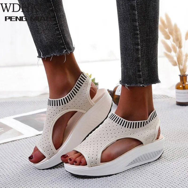 

Women Sandals Wedges Slip On Knitting Ladies Peep Toe Casaul Summer Shoes Female Pltaform Fashion Comfort Sandalias