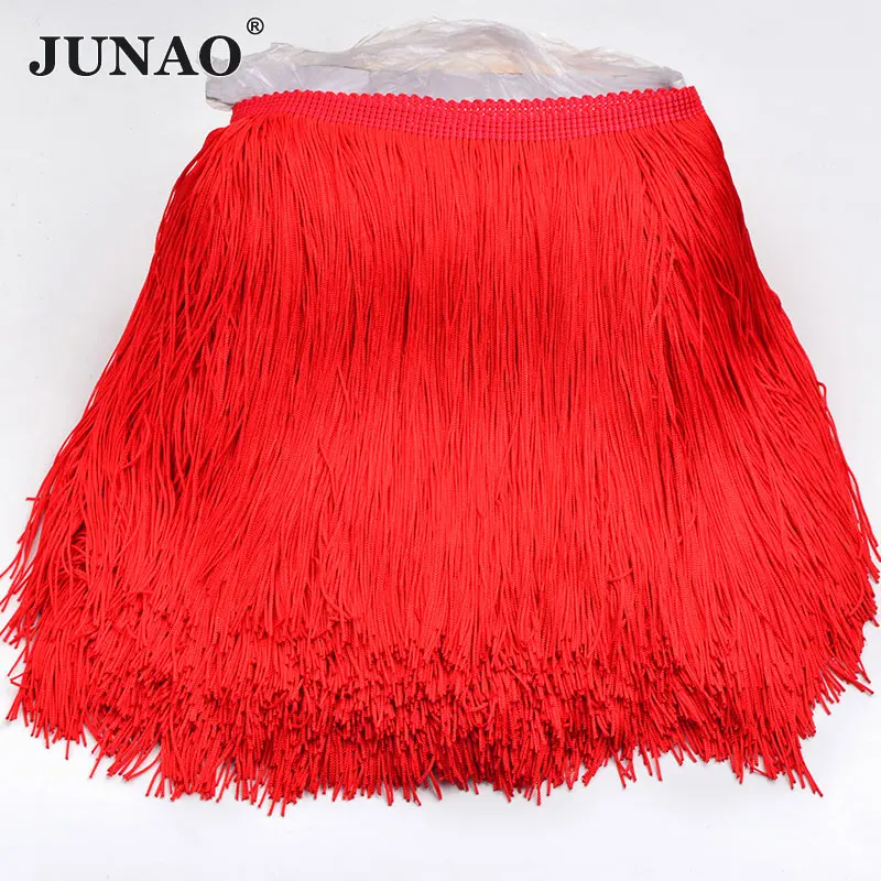 Red JUNAO двойная линия! 20 см длинные Orang цвет Chinlon бахрома кисточка кружевная отделка Лента шитье латинское платье сценическая одежда занавес 10 метров - Цвет: Red