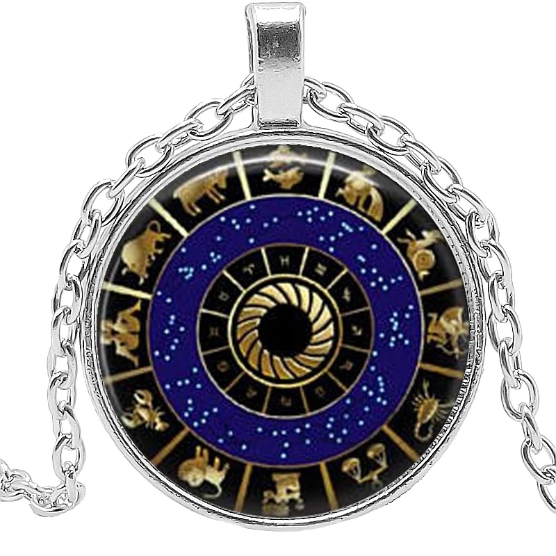 

2019 New Year Gift Wiccan Pendant Necklace Zodiac Wicca Pagan Jewelry Glass Round Jewelry Sweater Chain
