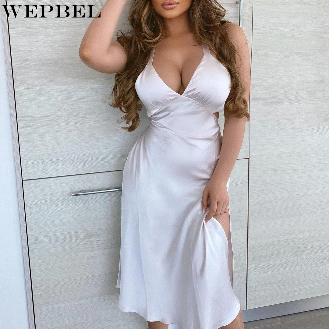 

WEPBEL Women Summer Elegant Bandage Satin Dress Ladies Sexy Sleeveless V Neck Halter High Waist Split Party Dress Evening Dress