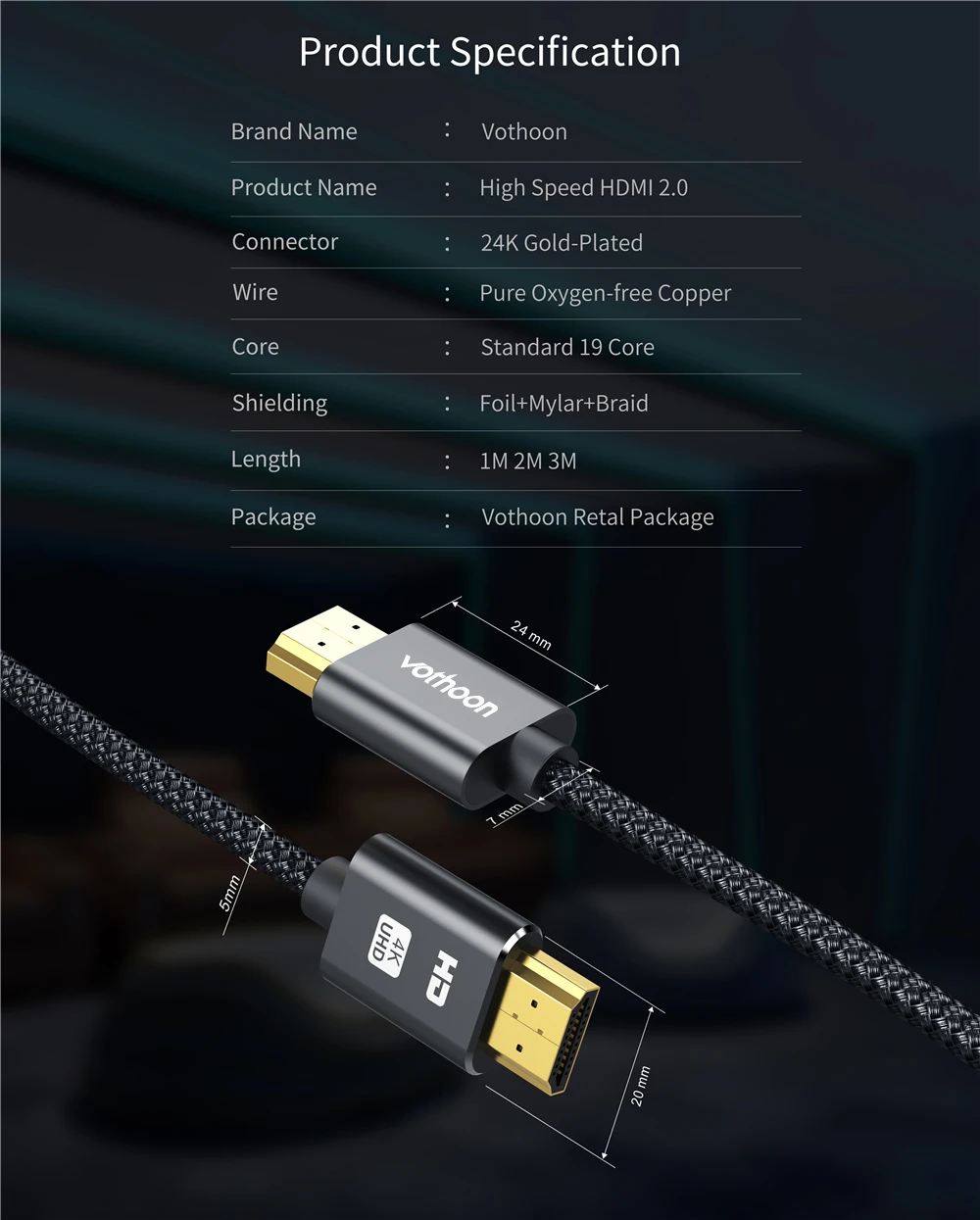 Vothoon 4K HDMI Cable HDMI to HDMI 2.0 HDR 4K 60Hz Cable for TV LCD Laptop Projector Computer PS4 TV 1m 2m 3m HDMI Cable
