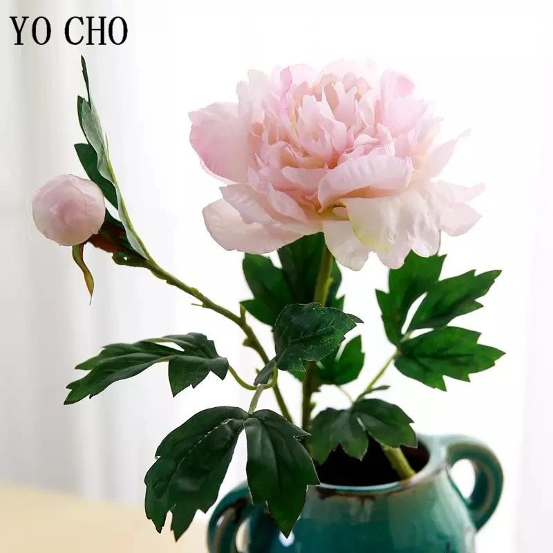 

YO CHO 2 Heads Silk Peony Artificial Flower Single Branch Fake Peony Big Flowers Champagne DIY Bouquet Home Party Wedding Decor