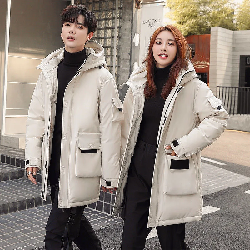 Inverno para Baixo Hoodies com Zíper Branco para Baixo Jaqueta Feminina Cabolsa Quente Engrossar Pato Casal Usar Coreano Design Longo 2022