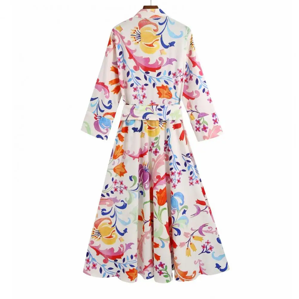 

Vintage Totem Floral Print Women Dress Turn-down Collar A-Line 3/4 Sleeve Single-breasted Mid-Calf Shirt Dress Street Bow Sashes