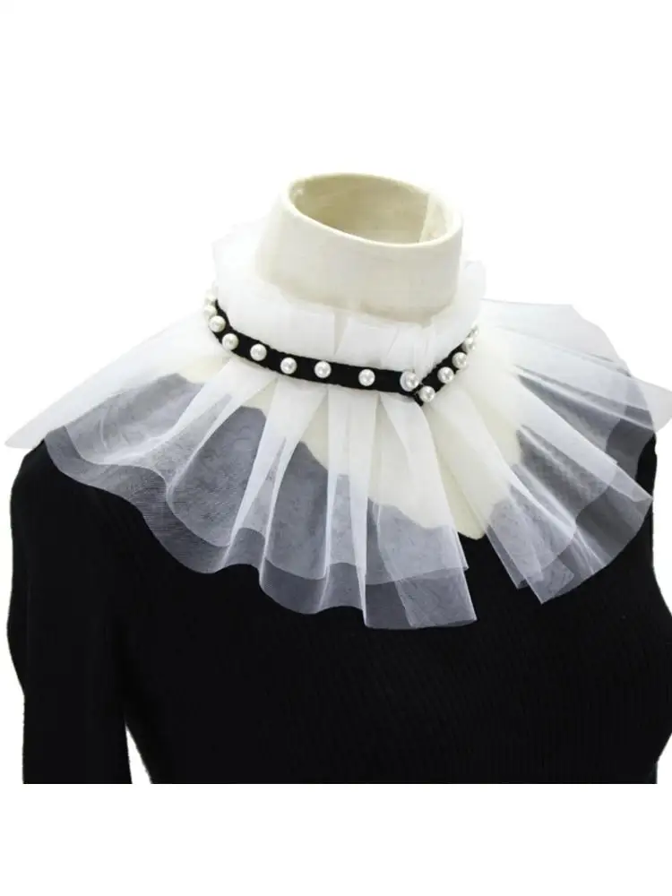 

Women Double Layer Ruffled Mesh High Neck False Fake Collar Faux Pearl Beaded Wedding Shawl Wrap Vintage Tulle Choker