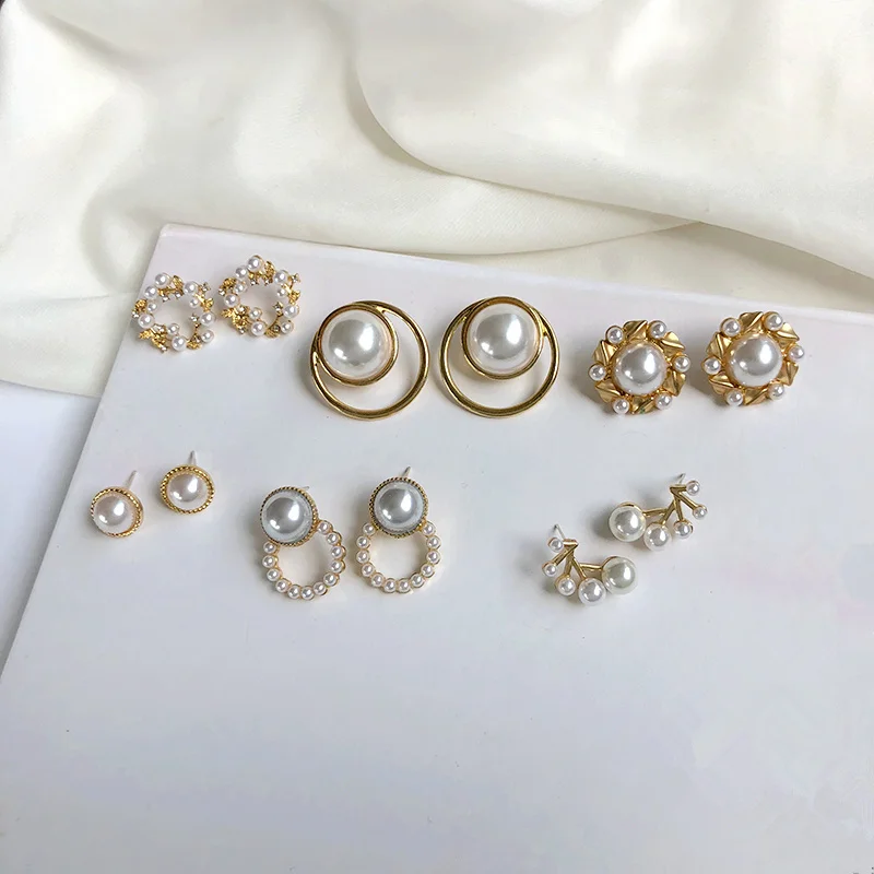 

S925 needle Korea Design Stud Earrings Metal Geometric Irregular Circle Teardrop Simulated Pearl Earrings For Women Girl Gift