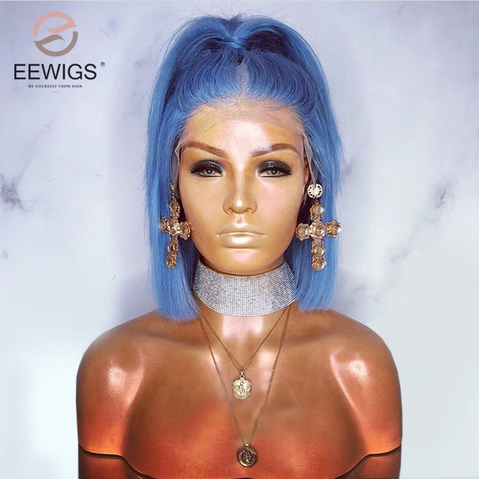 EEWIGS короткий синий парик термостойкий синтетический парик фронта шнурка 12 дюймов высокая температура волокна волос короткий боб парики для черных женщин