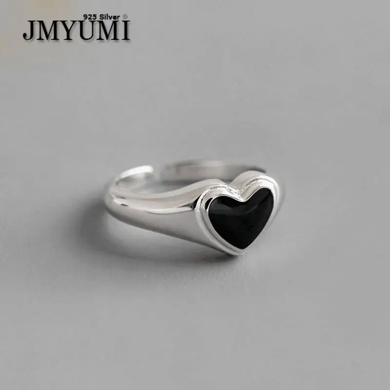 

JMYUMI 925 Sterling Silver Black Love Heart Zircon Crystal Ring Female Retro Fashion Jewelry Opening Classic Кольцо Wholesale