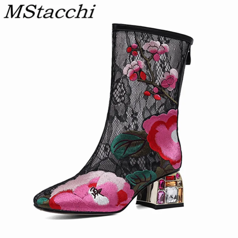 

MStacchi Retro Women's Boots Crude Heel Embroider Print Round Toe Air Mesh Rhinestone Party Shoes The New Mid-calf Boots Female