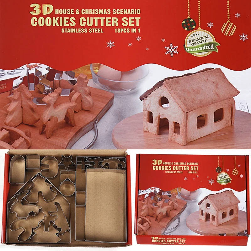 

18Pcs 3D Gingerbread House Stainless Steel Christmas Scenario Cookie Cutters Set Biscuit Mold Fondant Cutter Baking Tool