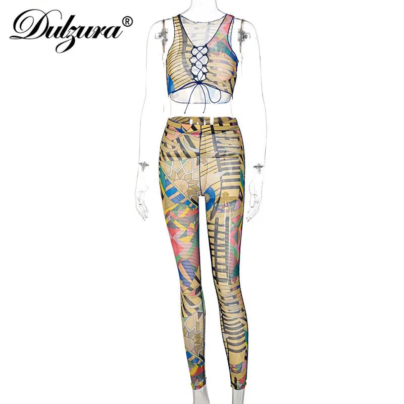 

Dulzura Tie Dye Print Women Mesh Two Piece Set See Through Sheer Lace Up Crop Top Tanks Leggings Skinny Sporty Club 2021 Summer