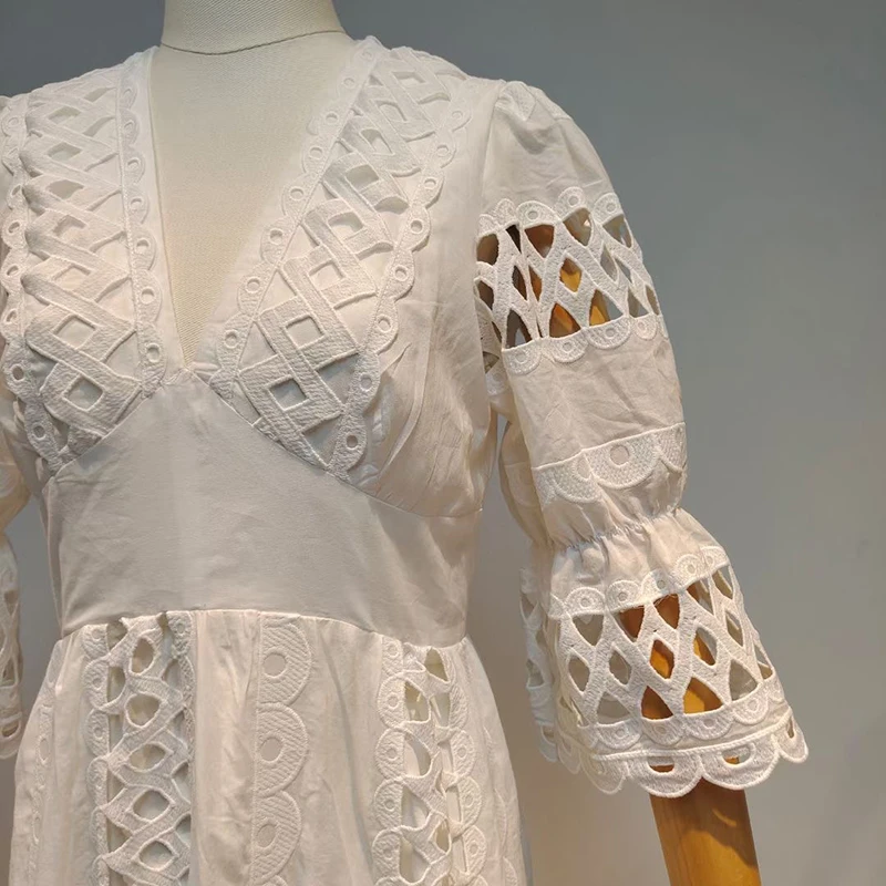 

VGH Elegant White Midi Dress For Women V Neck Half Sleeve High Waist Hollow Out Spring Dresses Female Fashionable New Clothing