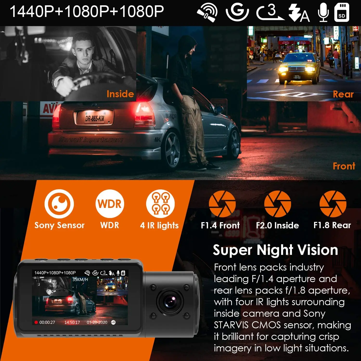 Vantrue N4 видеорегистратор 3-канальный передний 1440P + внутренний 1080P задний