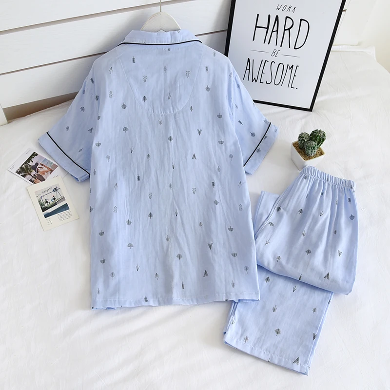 2021 Newest Men's Pajamas Summer/ Spring 2 Piece 100% Cotton Gause Home Pajamas Short Sleeve & Long Trousers Home Wear Cover Men