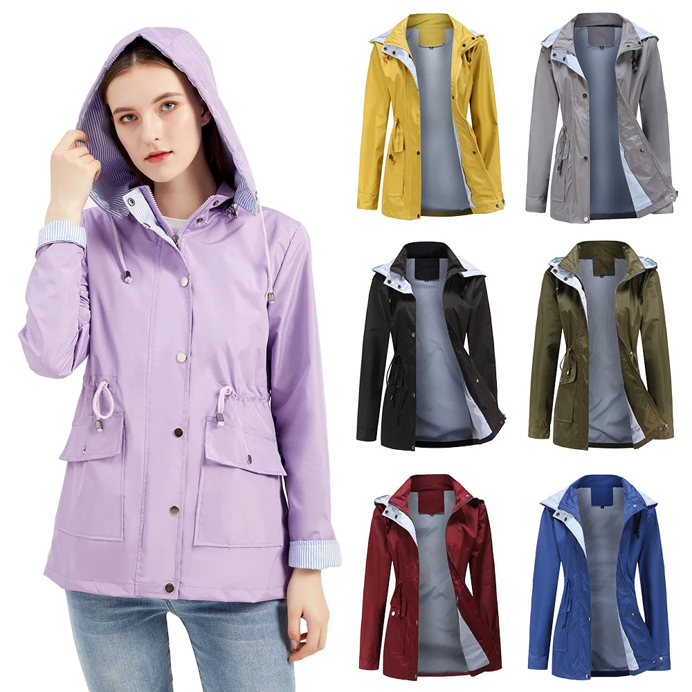 

Women's Waterproof Rain Jacket Lightweight Hooded Windbreaker Outdoor Trench Raincoat New Spring Autumn Trench Coat