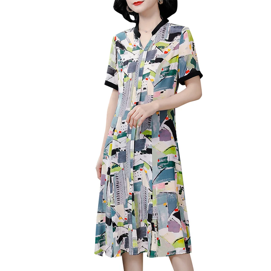 2021 с винтажным принтом шелк тутового шелкопряда сезон весна-лето Новинка: платье