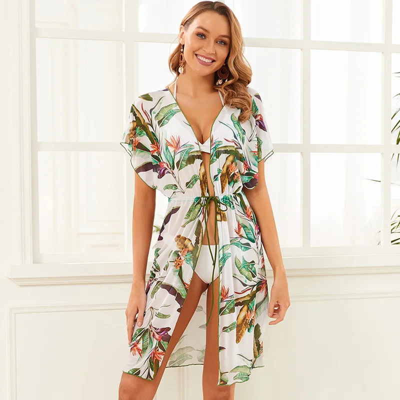 

2021 Bikini Beach Dress Cover Up Beachwear Chiffon Swimsuit Cover-ups Bathing Suit Half Sleeve Women Swimwear Tunic Summer