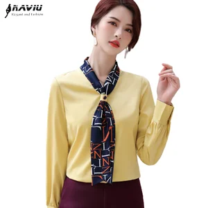 Шифоновая женская рубашка с длинным рукавом, осень 2020, новая модная темпераментная блузка в стиле пэчворк с лентами, офисные женские повседневные топы для работы