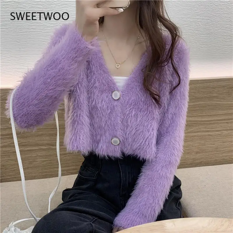 Cropped Cardigan Sweater V Neck Mink Cashmere Sweater Women Oversized  Christmas Sweater Fuzzy Cardigans 2021 Korean Winter Pull