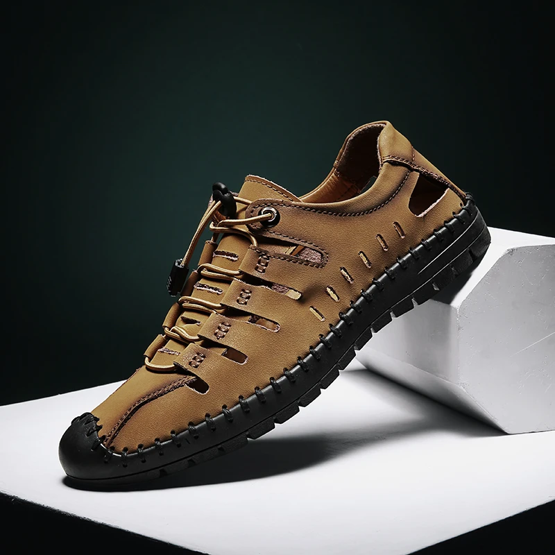Wujie Leather Men's Casual Shoes Luxury Brand Fashion Loafers Flat Black Breathable Non-slip Hollow Driving Shoes-45 | Обувь