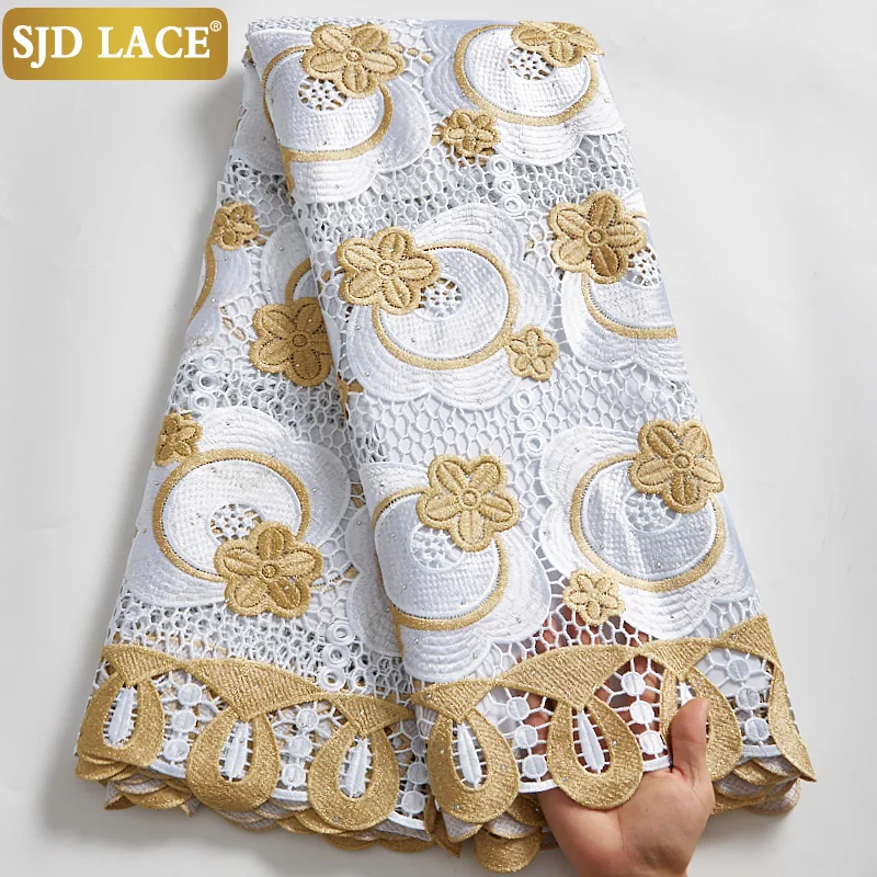 

SJD LACE Gold White Water Soluble Guipure Cord Laces Embroidery High Quality Nigerian African Mesh Lace Fabric For Wedding A2551