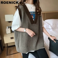 roenick sweaters vests women oversize patchwork knitted v neck sweater vest womens loose casual korean style trendy simple chic