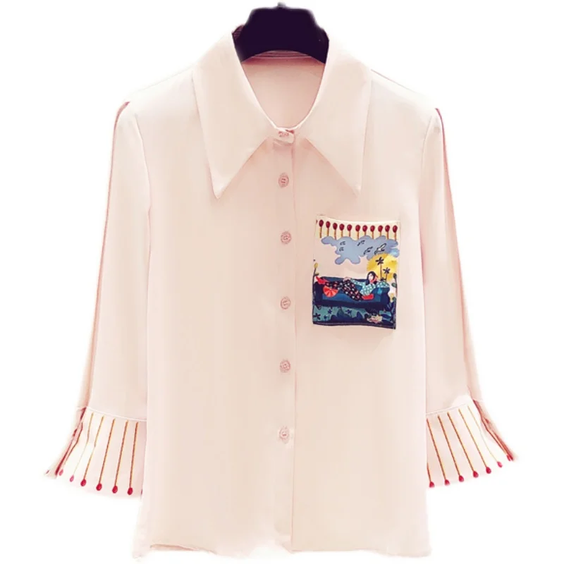 

2021 Summer Tops Mujer Three Quarter Flare Sleeve Pink Shirts Fashion Lady Dropshipping Blusas De Mujer Pocket Printed Blouse