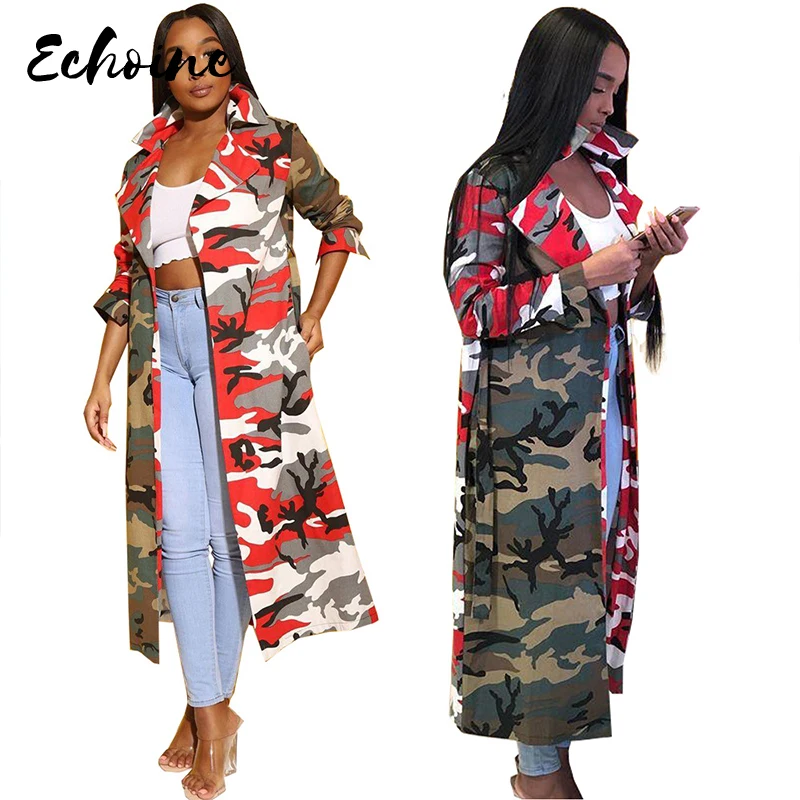 

Женский тренчкот с отложным воротником, длинный Камуфляжный тренчкот с поясом и длинным рукавом, пальто с карманами, 2XL, новинка осенне-зимн...