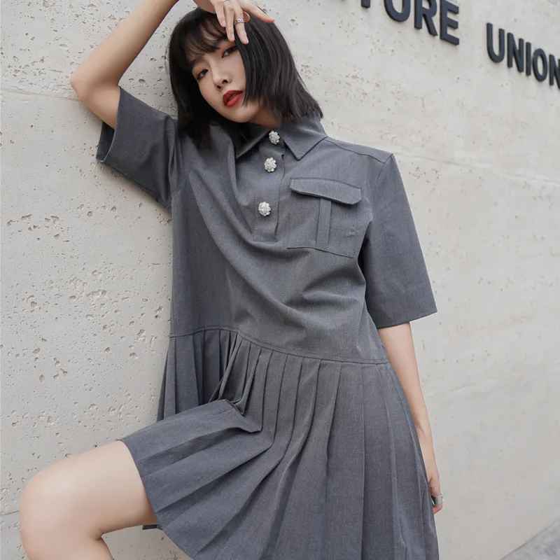 

LANMREM Women Dress Polo Collar Pleated A-line Short Sleeve Dresses Temperament Loose Fit Fashion Tide New Summer 2021 2H806