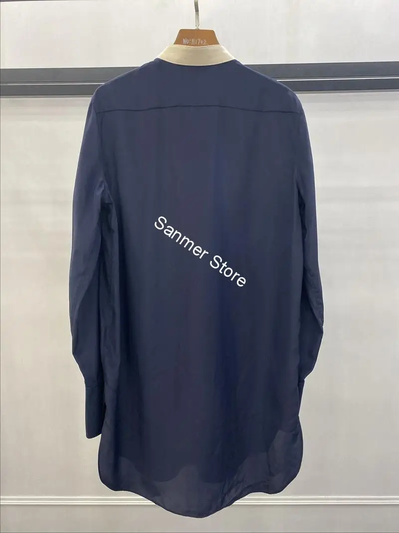 

Women Long Sleeve Blouse Loose Single Breasted Stand Collar Female Mid-length Shirt