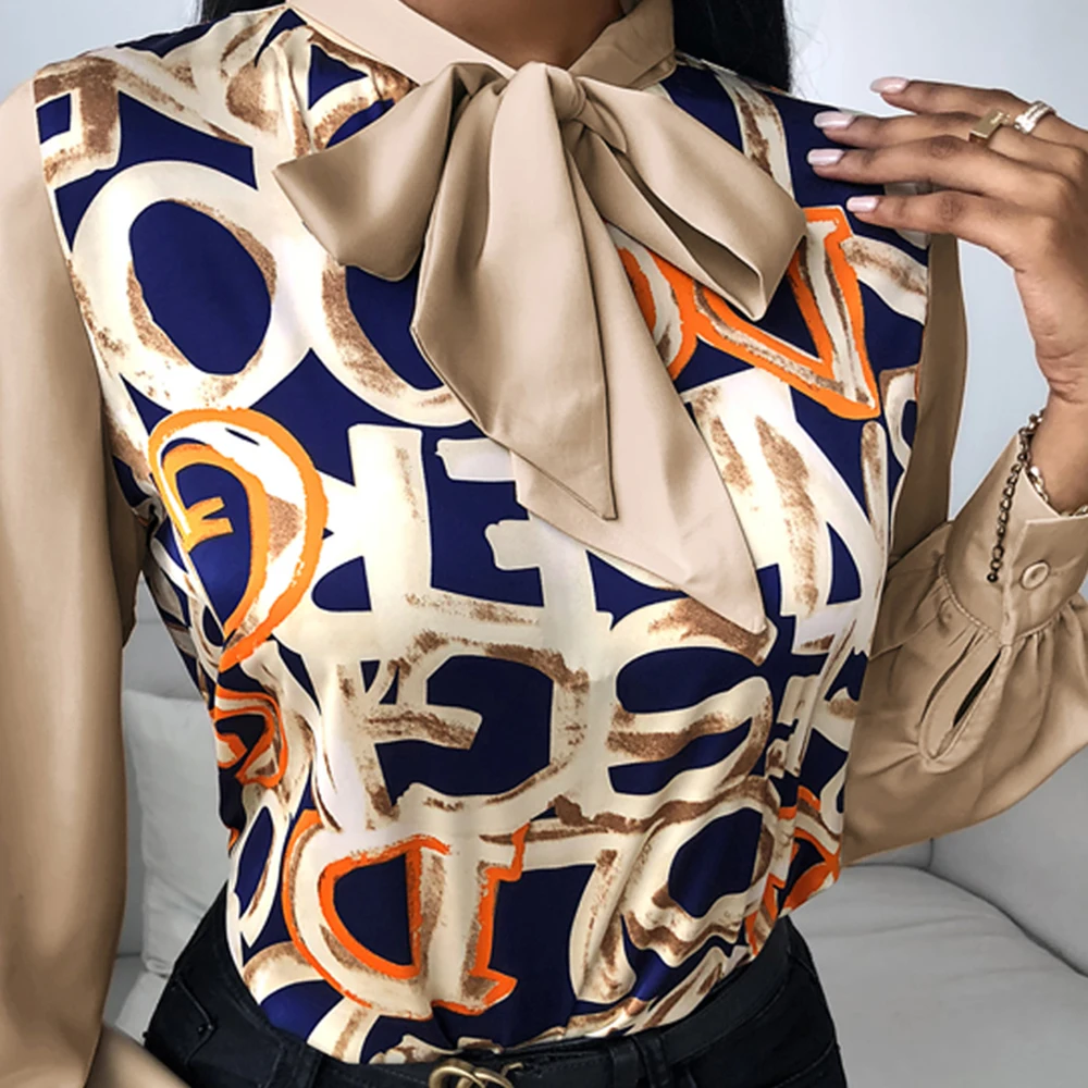 

Women Elegant Geometric Print Blouse Shirt 2021 Spring Casual Long Sleeve runway blouse Tops Lady Sexy Bow Tie collar Blusa D30