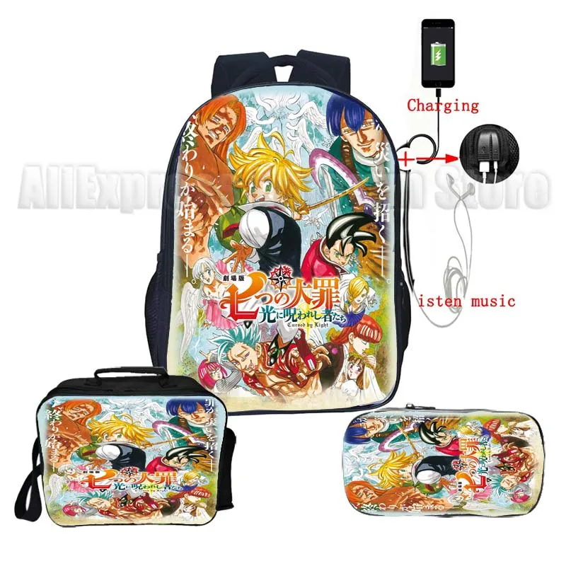 Kids The Seven Deadly Sins Backpack 3pcs Set Boys Girls USB Travel Bagpacks Students Anime School Bags with Lunch Bag Pencil Box - купить по