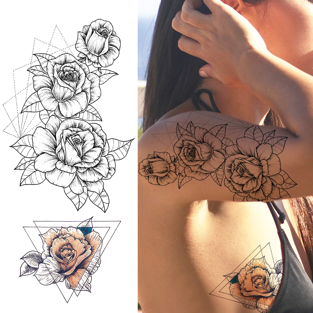 Sketch Rose Temporary Tattoo Sticker Realistic Fake Geometric Flower Tatoo Waterproof Body Art Arm Wasit Tattoo For Women