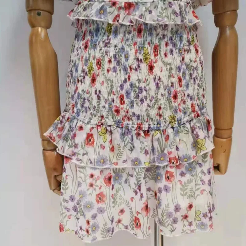 

DEAT Trendy Fashion V-neck Puff Short Sleeve Top And Pleated Ruffled Print Chiffon Patchwork High Waist Skirt Suit 7E746