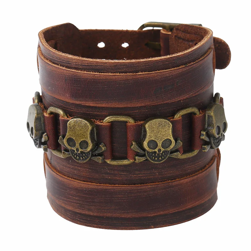 7cm Wide Genuine Leather Wrap Bracelet Punk Rock Skull Head Cuff Bangles 2020 Fashion Jewelry For Men | Украшения и аксессуары