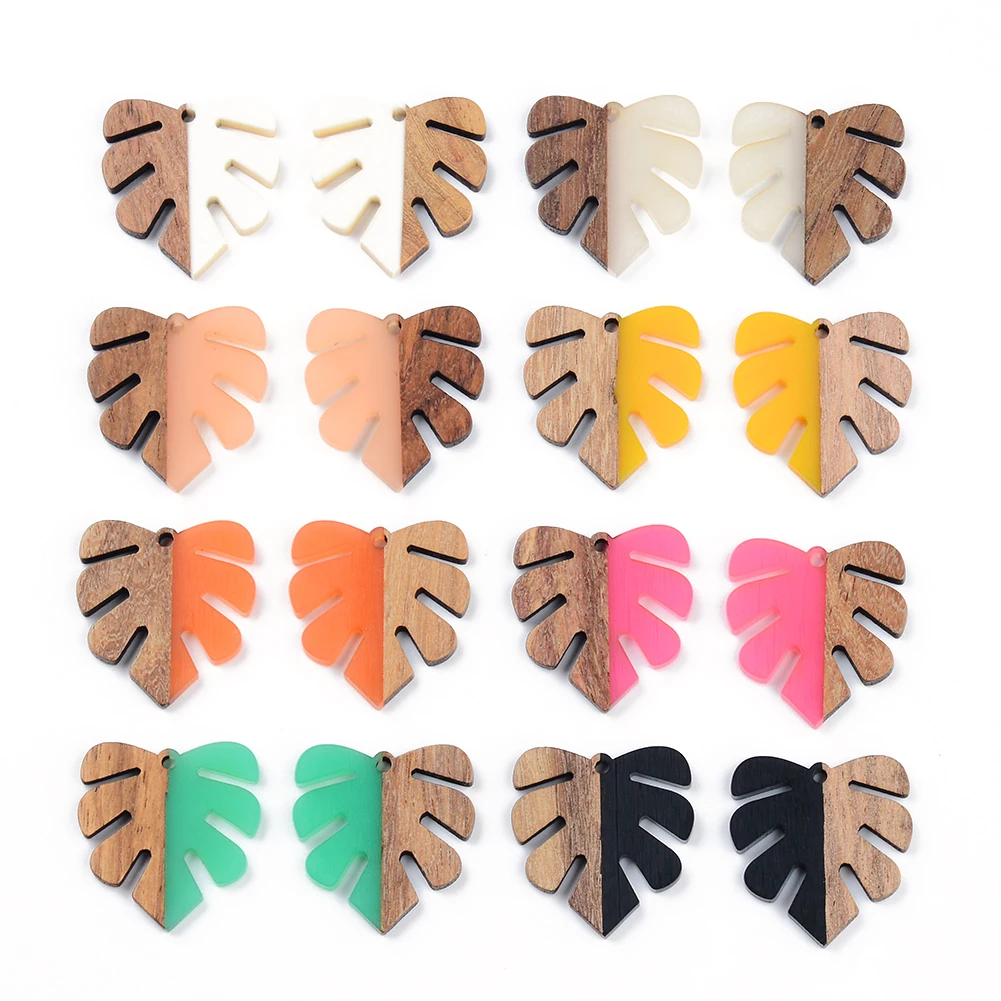 10Pcs Monstera Leaf Shape Charms Handcrafted Vintage Natural Wood with Resin Pendant Design for Bracelet Earrings Jewelry Making