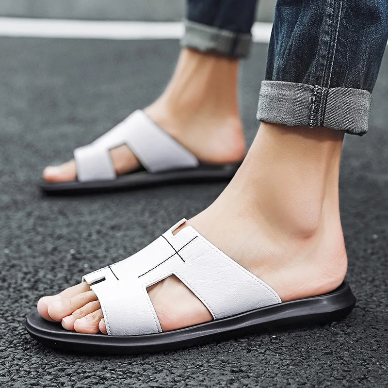 Мужские сандалии на плоской подошве мягкие дышащие кожаные Повседневная пляжная