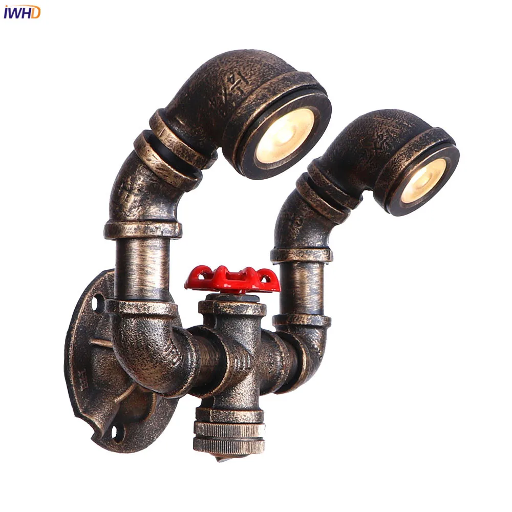 IWHD 2 Head Water Pipe Wall Lamp Vintage With Switch Home Lighting Loft Industrial Decor Retro Wall Light LED Aplique De Pared