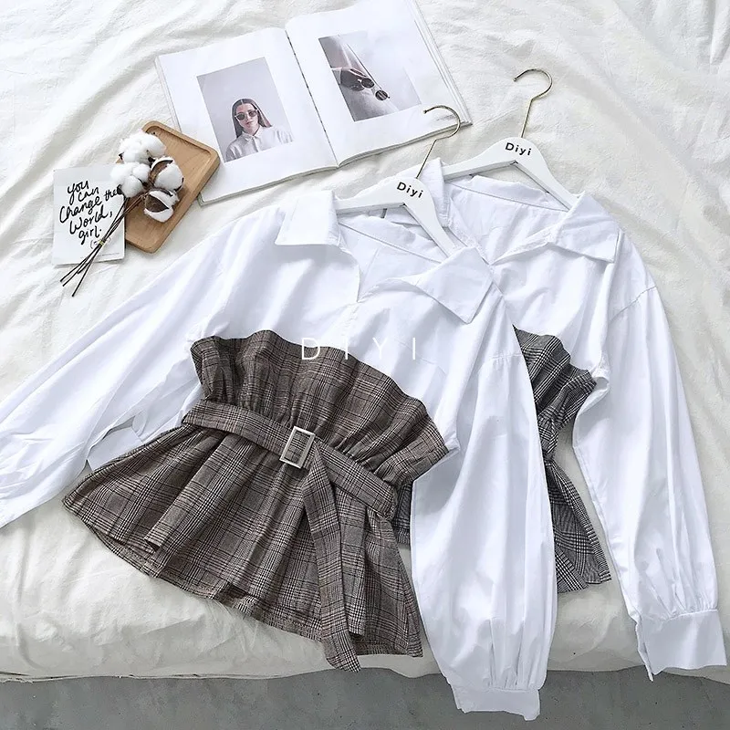 Женская блузка с отложным воротником осенняя длинным рукавом и поясом кружевная