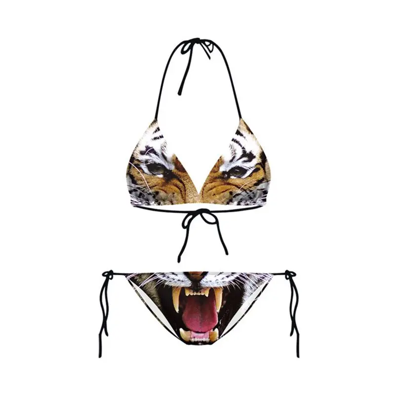 

2pcs/set Summer Three-point Sexy Beachwear Bikini Set Split Lacing Leaf Leopard Printed Gathered Swimwear
