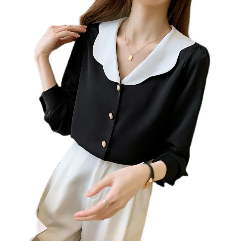 

COIGARSAM French Style Chiffon blouse women Vintage Panelled blusas womens tops and blouses White Black 6067