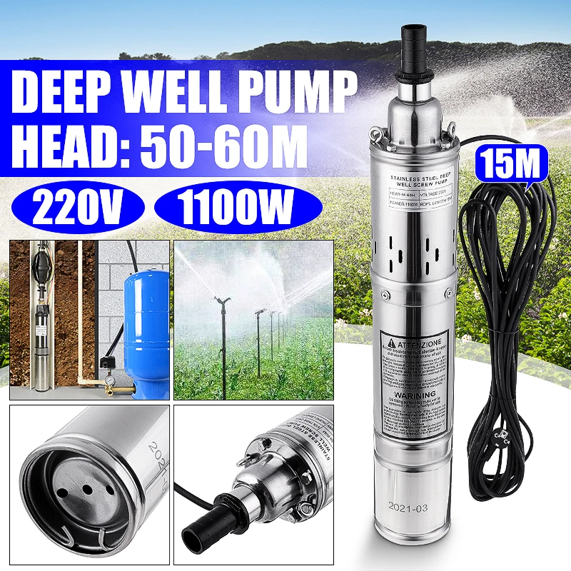 

1000W 220V 60m High Lift Submersible Deep Well Pump for Garden Home Agricultural Irrigation Stainless Steel Solar Water Pump