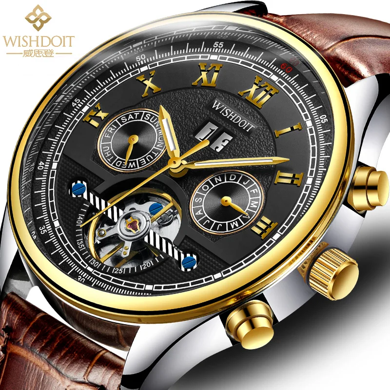 

WISHDOIT New Men's Automatic Mechanical Watch Hollow Luminous Calendar Week Waterproof Multifunctional Men Watches Military