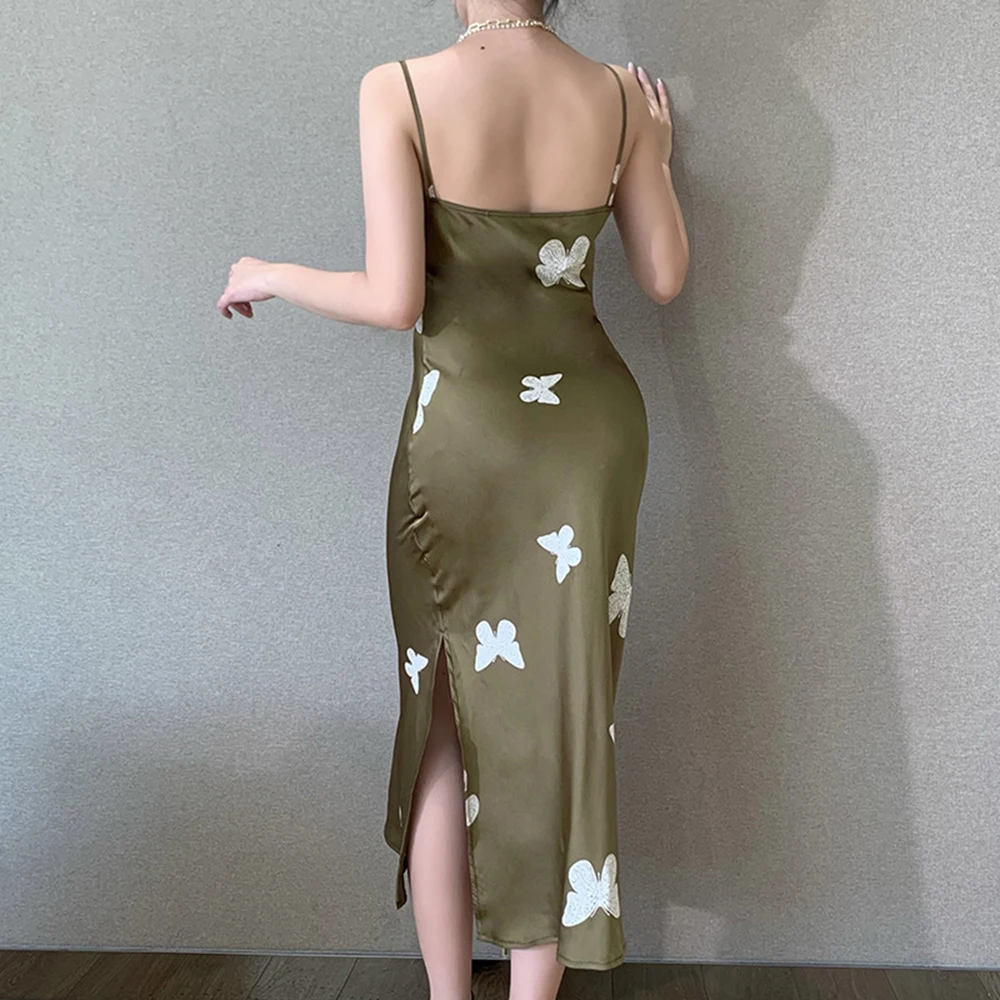 

Dress 2021 European American Summer New Women Slim Butterfly Print Split Fork Sexy Backless Sling Dress Fashion Simplicity