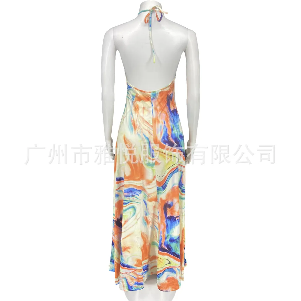 

Colorful Tie Dye Print Halter Backless Long Maxi Dress Summer Sleeveless Beach Robe Party Elegant Vintage Vestidos