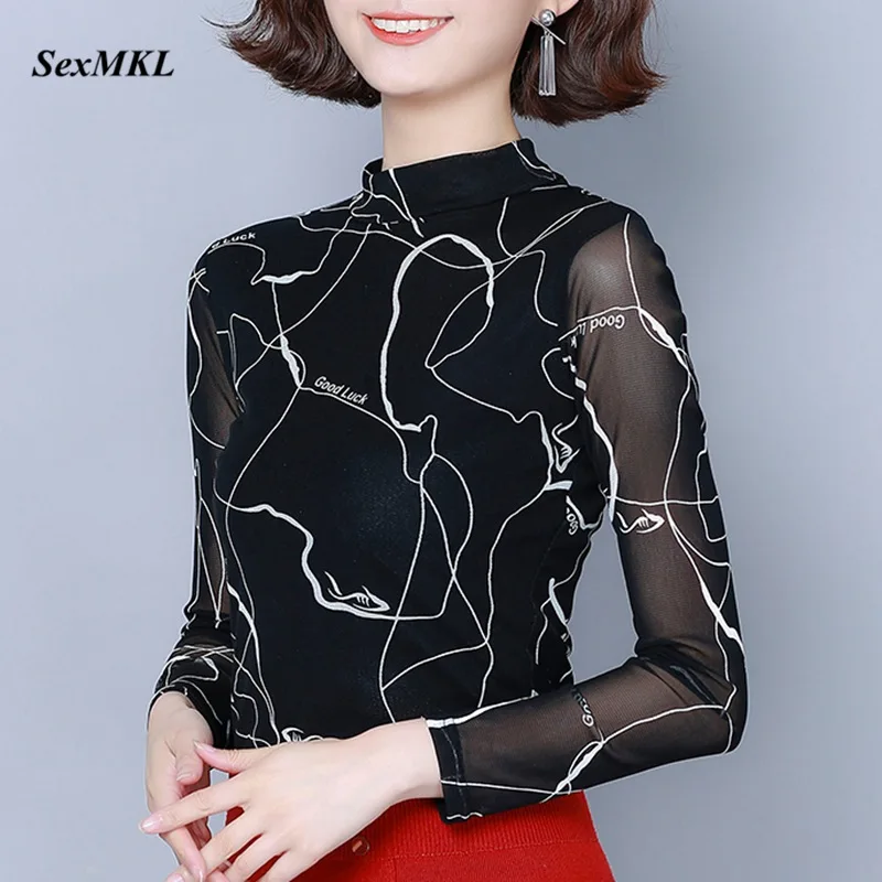 

Oversized Mesh Tops Women 2023 Fashion Long Sleeve Printed Blouses Womens Clothes Korean Elegant Summer Office Black Blouse